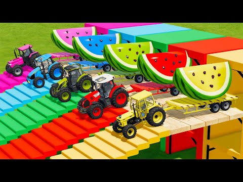FIAT vs CLAAS vs JOHN DERRE vs VALTRA vs CASE TRACTORS BATTLE WITH WATERMELONES - Farming Simulator