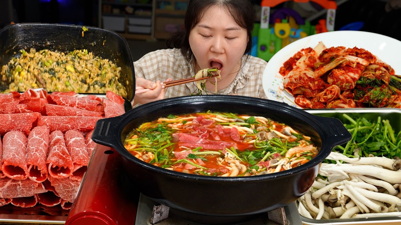💙둘째 성별 공개❤️소고기 버섯 샤브샤브와 칼국수, 볶음밥까지 풀코스 먹방🤤