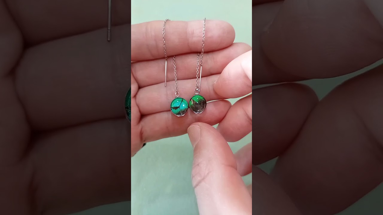 orecchini threader 10mm con vere ali di farfalla Papilio lorquinianus gioielli verde mare per bomboniere evento