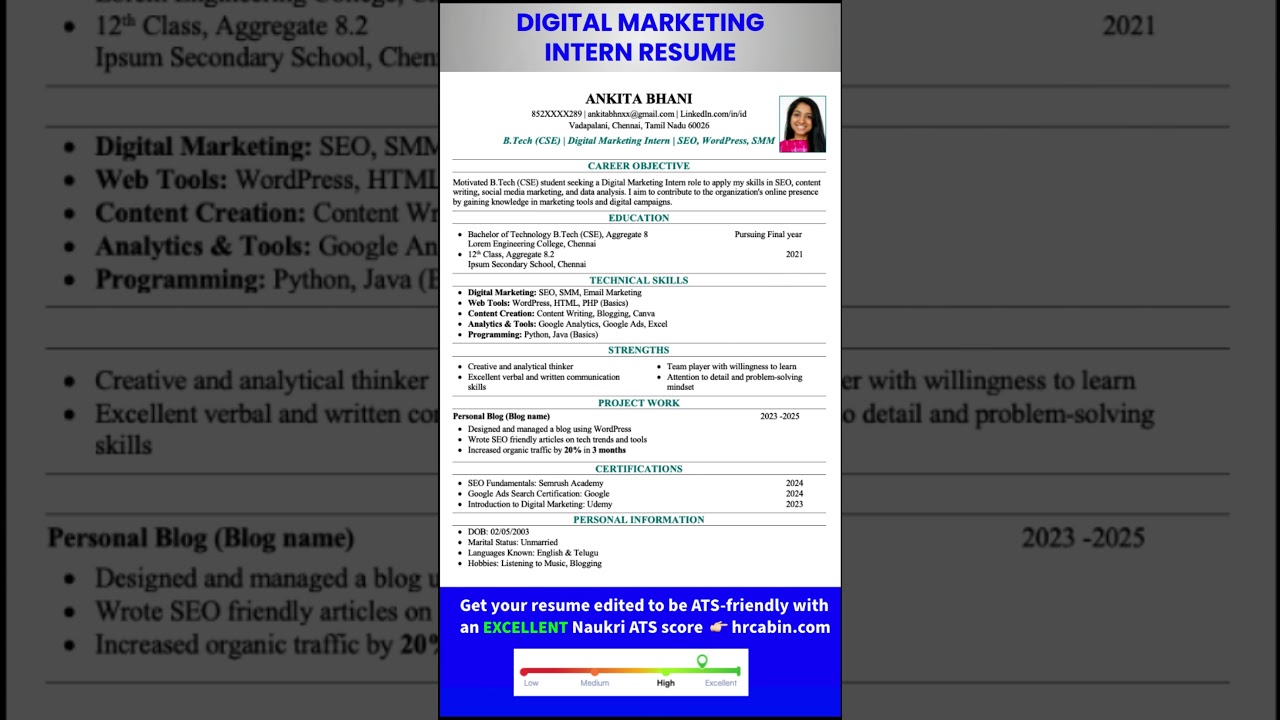 Digital Marketing Intern Resume