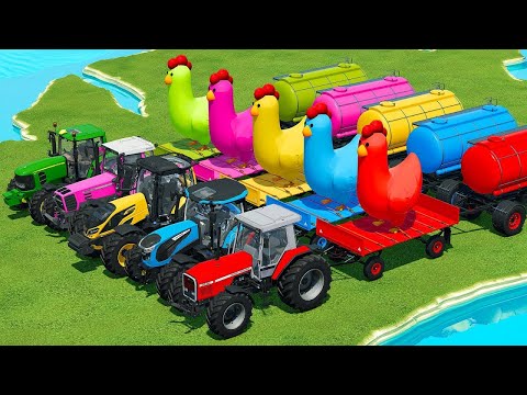 RIGITRAC vs LANDINI vs JOHN DEERE vs FENDT TRACTORS BATTLE WITH DRAGON EGGS - Farming Simulator 22