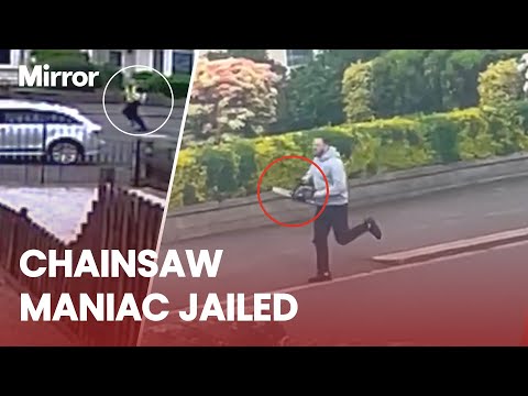 TERRIFYING moment chainsaw-wielding maniac CHASES police officer down street