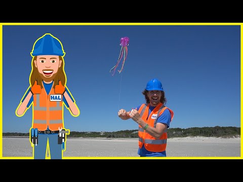 Split-image: cartoon construction worker on the left and a real man in safety gear on the right, flying a purple kite at the beach.