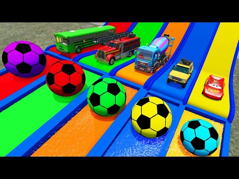 Cars vs Portal Trap With Slide Colors - Double Flatbed Long Trailer Truck Rescue Cars - BeamNG.Drive