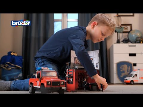 Bruder Toys bworld Fire Station With Land Rover Defender and Fireman Item # 62701