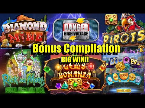 Thumbnail for video: Bonus Compilation, Diamond Mine, Dino P.D, Danger High Voltage, Gems Bonanza BIG WIN!! & Much More