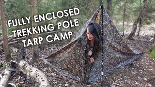 Camping in Fully Enclosed Trekking Pole Tarp + Cook Lamb on Firebox 🔥