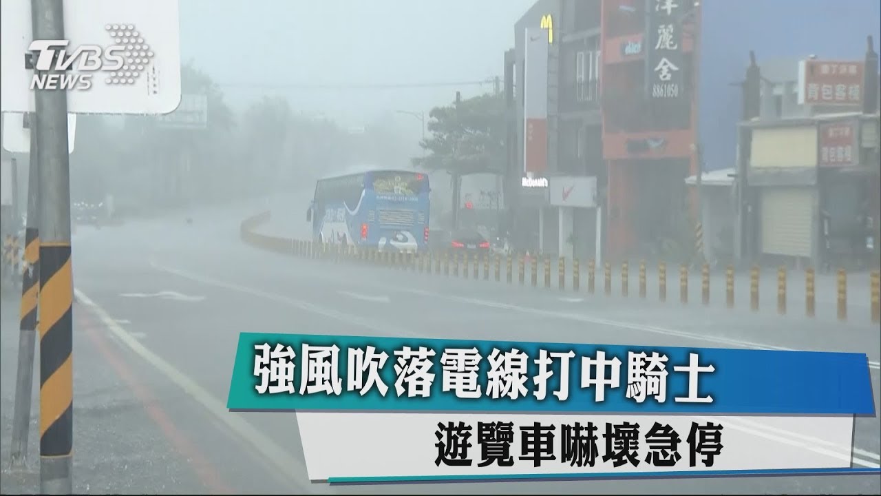 強風吹落電線打中騎士　遊覽車嚇壞急停