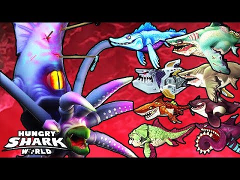 ALL !! SHARKS vs BOSS COLOSSAL SQUID (HUNGRY SHARK WORLD)