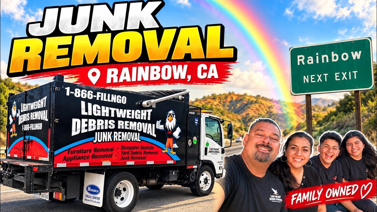 Before and after junk removal at a Rainbow, California property cleared by Lightweight Debris Removal