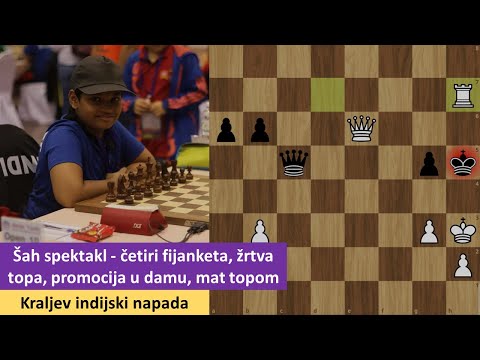 Šah spektakl - četiri fijanketa, žrtva topa, promocija u damu, mat topom - kraljev indijski napad