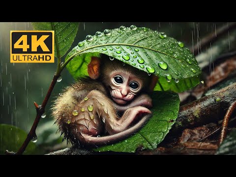 Adorable Baby Monkeys in Rain | 4K Ultra HD Wildlife Video