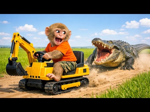 Monkey Farmer digs fish pond and faces ferocious alligator! | Monkey Farm Work!