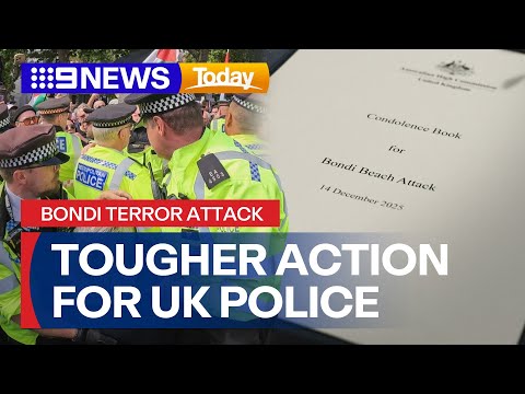UK police pledge tougher action against protesters after Bondi terror attack | 9 News Australia