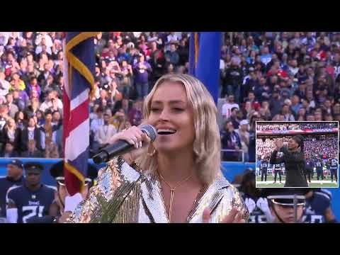Brooke Eden sings the National Anthem for the Tennessee Titans and Baltimore Ravens in London