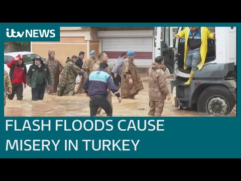 Flash floods cause misery for thousands already made homeless by earthquakes in Turkey | ITV News