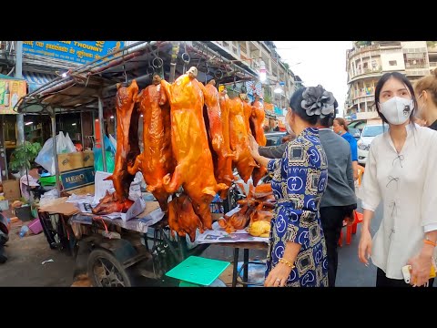 Many Roasted Whole Pigs Selling at Orussey Market Phnom Penh - Cambodian Street Food