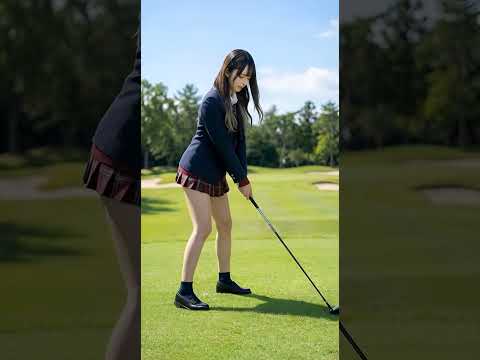 ゴルフクラブを振る制服女子高生