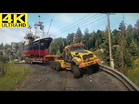 towing a massive boat - mack defense m917 snowrunner | 4K Gameplay