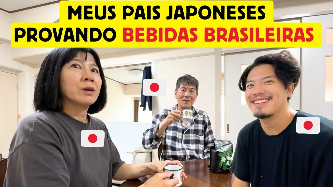 Meus pais japoneses provando bebidas brasileiras