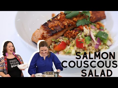 Ultimate Healthy Summer Meal EASY! Salmon Couscous Israeli Salad with an Asian Twist