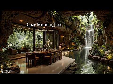 Cozy Morning Jazz In Nature Cave Retreat | Soft Jazz With Forest Waterfall View To Ease Stress