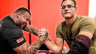 SCHOOLBOY vs ARM WRESTLERS 2X HIS AGE, WINS?