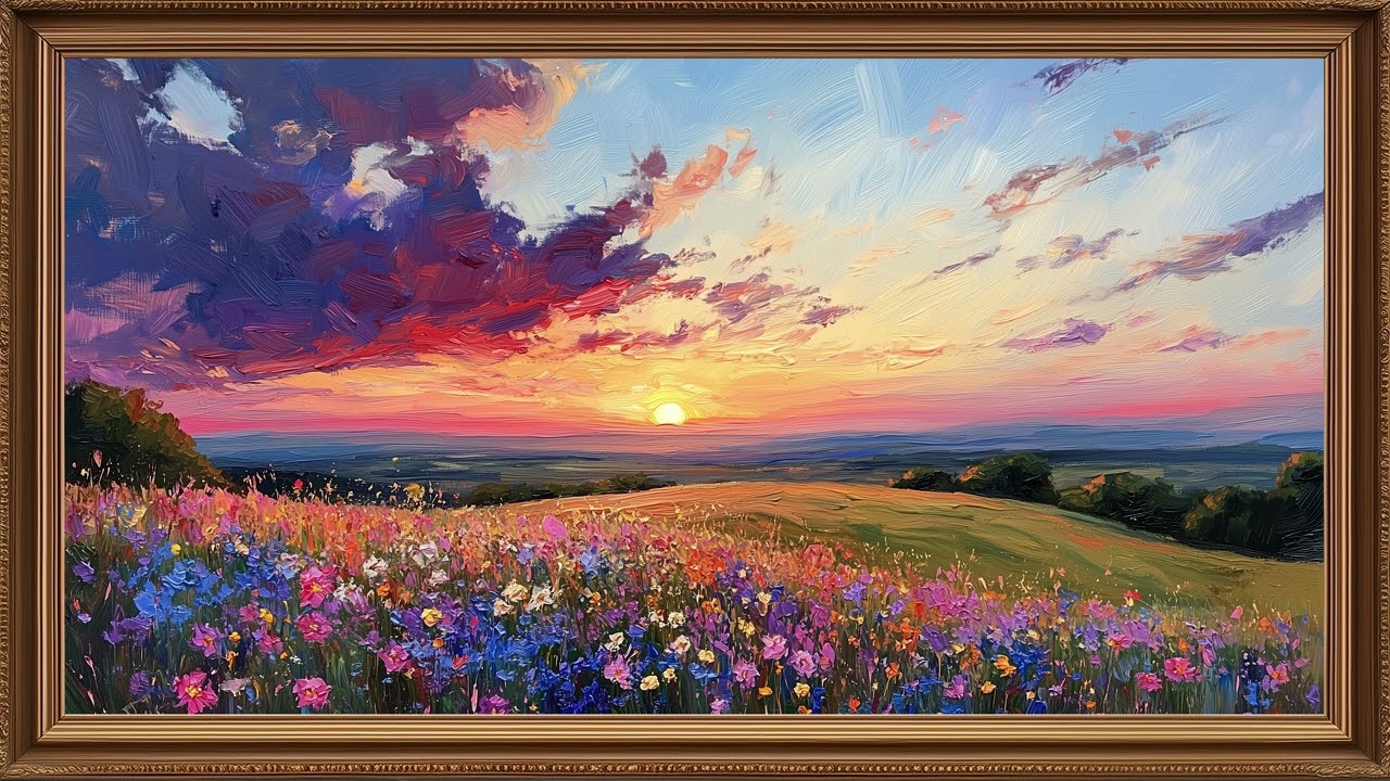 Spring Frame TV Art 🌸 Wildflower Meadow at Sunset | Gold Frame TV Art | Art Screensaver for TV