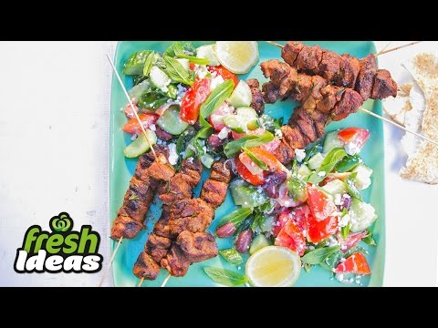 Charred Lamb Skewers with Greek Salad | Woolworths