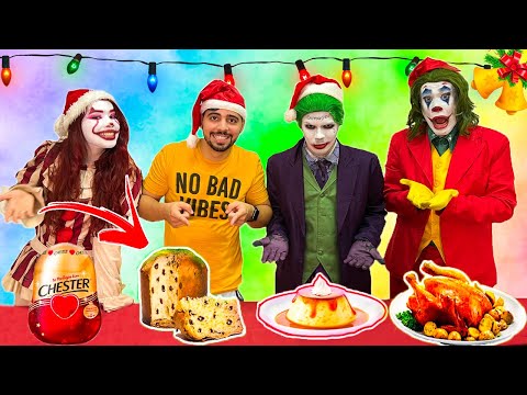 QUEM COMER MAIS COMIDA DE NATAL VENCE CONTRA O CORINGA, PENNYE E JOKER !! (Desafio dos vilões)