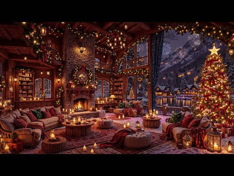 Peaceful Christmas Cabin Winter Ambience 🎅 Warm Fireplace Glow & Gentle Snowfall with Christmas Jazz