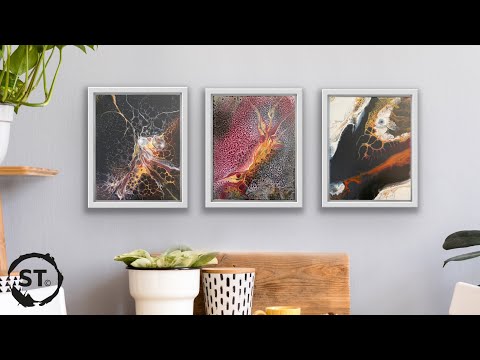 “Eclipse” Pearl cloud-over triptych. Acrylic pouring, crazy results!