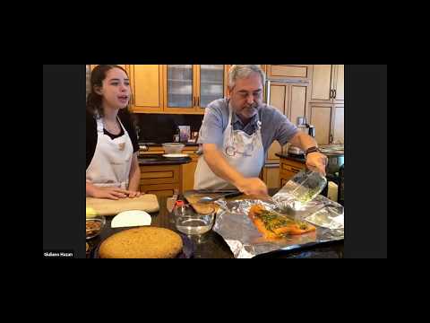 Salmon in a pouch, braised spinach and chick peas, and a polenta cake