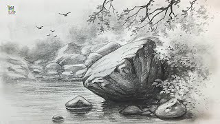 How to draw Big Rock in Scenery Art || Step by step pencil art