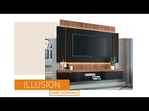 Video thumbnail of Painel Ripado para TV até 55 Polegadas com LED Prateleira de Vidro 2 Portas Ilusion HB Móveis