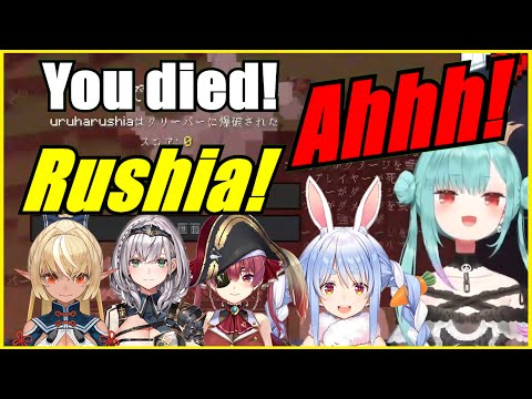 Rushia Died Within A Minute During 3rd Gen Minecraft Collab ft. Pekora, Marine..【Hololive | Eng Sub】