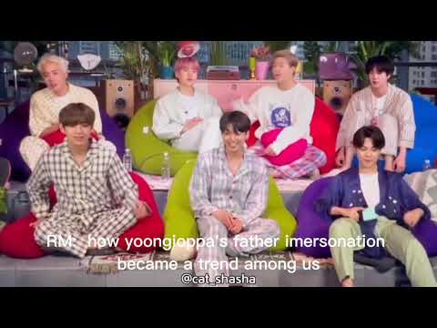 bts zoom fan meeting 'someone ask how suga father imersonation became a trend among bts' (eng sub)
