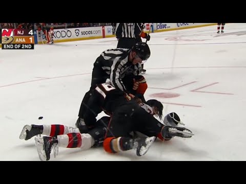 Anaheim Ducks Vs New Jersey Devils End Of Period Scrum