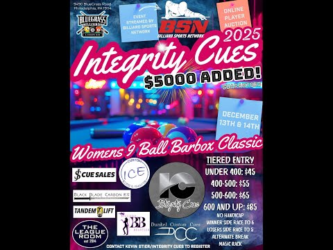 $5,000 Added — Integrity Cues Women’s 9-Ball Barbox Classic Day 2 live from Bluegrass Billiards