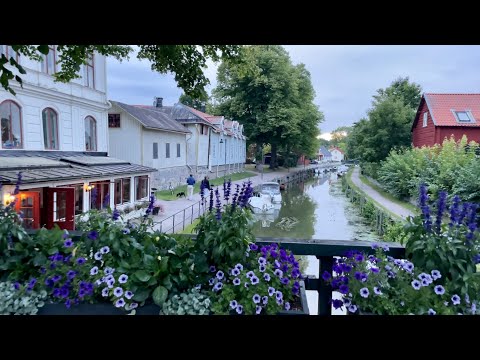 Sweden small town walk: Trosa in the evening. Relaxing walk along the river