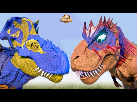 WonderMan Ultimasaurus Vs Aquaman Acrocanthosaurus - Jurassic World Evolution Dinosaurs Fight