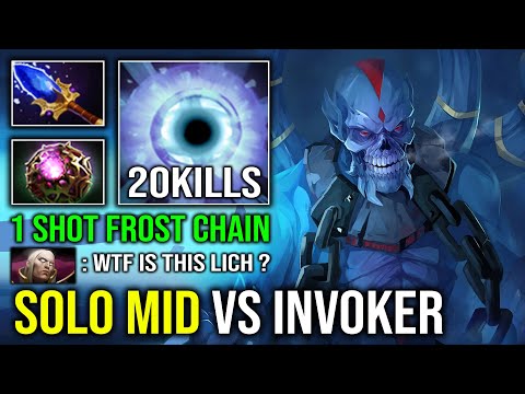 How to Solo Mid Lich Against Invoker with 100% Full Aghanim Effect 1 Shot Frost Chain Bounce Dota 2