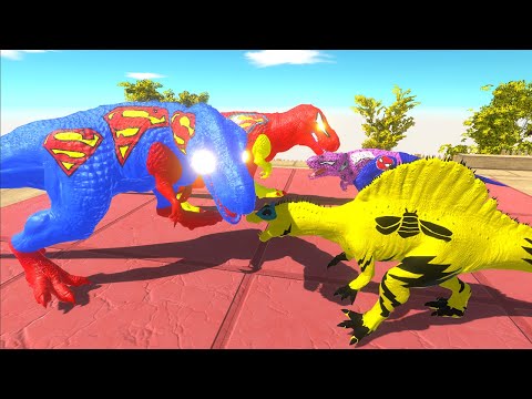 2X SUPERMAN T-REX vs 2X BUMBLEBEE SPINO vs PINK SPIDERMAN T-REX - Animal Revolt Battle Simulator