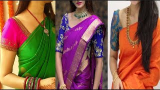 Contrast blouse ideas for green, pink and orange color sarees