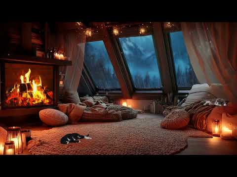 Rainy Attic Retreat | Cozy Space with Sleeping Cat and Fireplace