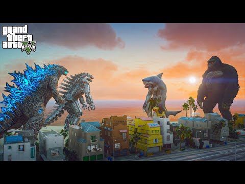 Godzilla and Mechagodzilla vs Kong and WereShark - GTA V Mods