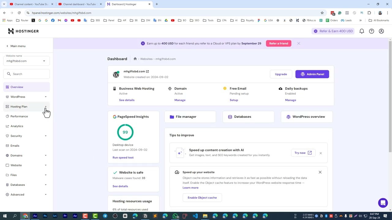 Hostinger Business Web Hosting Review - Dashboard and Settings Review