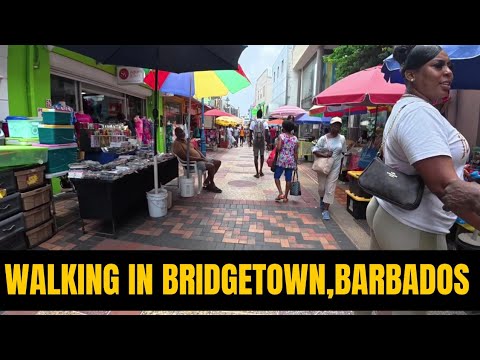 Walking in Bridgetown, Barbados. The downtown Shopping and Market scene.