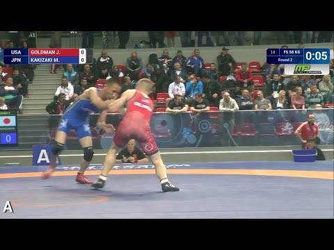 Round 2 FS - 58 kg: J. GOLDMAN (USA) df. M. KAKIZAKI (JPN) by TF, 12-2