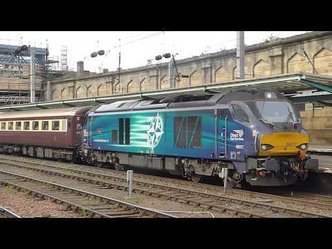 Direct Rail Services 68017 with 68002 dead on the rear leave Carlisle